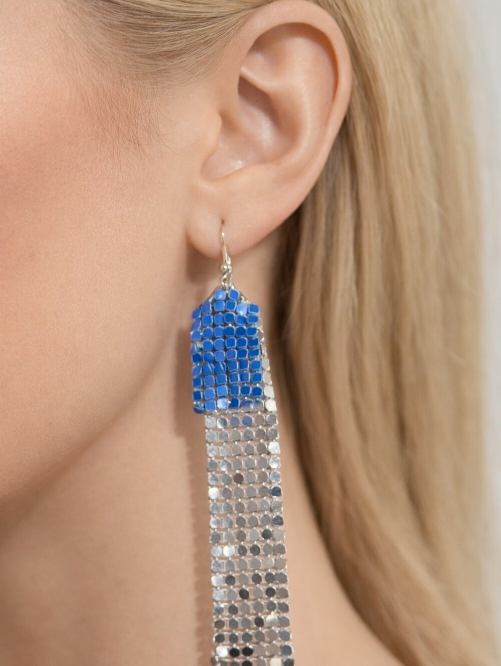Pastels Blue & Silver Sequin Drape Earrings – Bold Women’s Fashion Jewelry